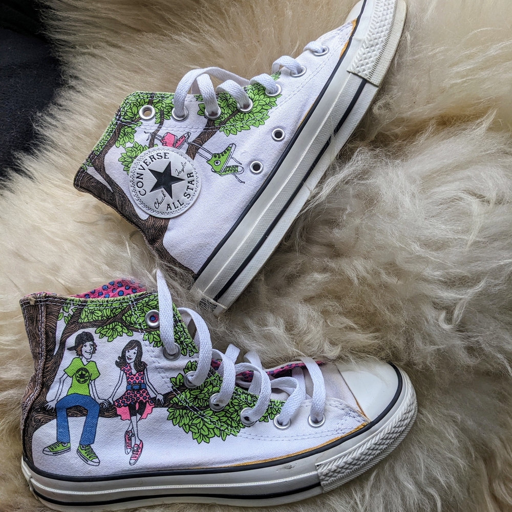 Converse White High-Tops with Green and Pink Graphics